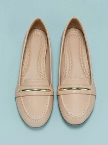 Metallic Detail Slip On Loafers,Women's Spring And Autumn Season Apricot Soft Sole Soft-Faced Round-Toe Ballet Flat Comfortable Flat-Bottomed Shoes - Apricot - View 5