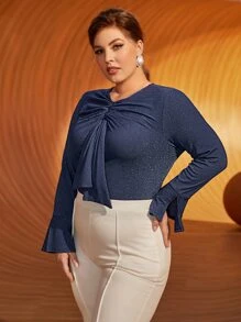SHEIN Plus Split Sleeve Ruched Draped Front Glitter Tee - Navy Blue - View 1