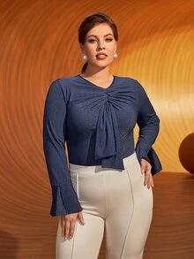 SHEIN Plus Split Sleeve Ruched Draped Front Glitter Tee - Navy Blue - View 6