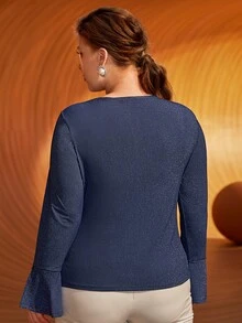 SHEIN Plus Split Sleeve Ruched Draped Front Glitter Tee - Navy Blue - View 8