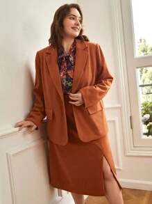 SHEIN Unity Plus Lapel Neck Flap Detail Blazer & Split Hem Skirt - Rust Brown - View 3