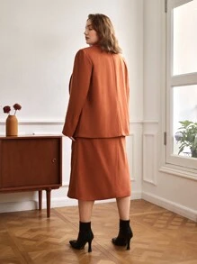 SHEIN Unity Plus Lapel Neck Flap Detail Blazer & Split Hem Skirt - Rust Brown - View 4