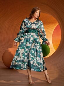 SHEIN Vestido con estampado geométrico con cadena fruncido