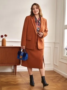 SHEIN Unity Plus Lapel Neck Flap Detail Blazer & Split Hem Skirt - Rust Brown - View 1