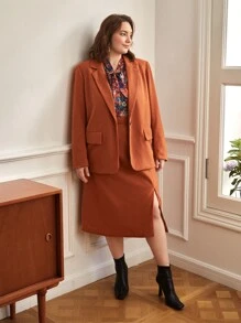 SHEIN Unity Plus Lapel Neck Flap Detail Blazer & Split Hem Skirt - Rust Brown - View 6