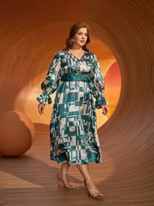 SHEIN Vestido con estampado geométrico con cadena fruncido