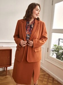 SHEIN Unity Plus Lapel Neck Flap Detail Blazer & Split Hem Skirt - Rust Brown - View 7