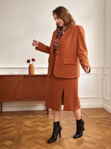 SHEIN Unity Plus Lapel Neck Flap Detail Blazer & Split Hem Skirt - Rust Brown - View 2