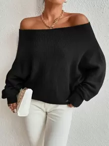 SHEIN Privé 一字肩蝙蝠袖套頭毛衣 - 黑色 - 查看 1