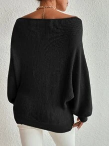 SHEIN Privé 一字肩蝙蝠袖套頭毛衣 - 黑色 - 查看 2