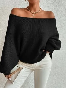 SHEIN Privé 一字肩蝙蝠袖套頭毛衣 - 黑色 - 查看 3