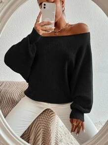 SHEIN Privé 一字肩蝙蝠袖套頭毛衣 - 黑色 - 查看 4