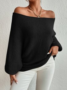 SHEIN Privé 一字肩蝙蝠袖套頭毛衣 - 黑色 - 查看 5