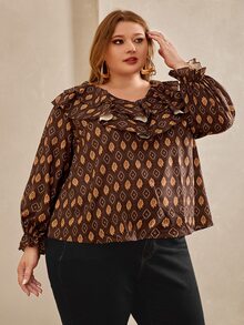 SHEIN CURVE+ Plus Floral Print Ruffle Trim Flounce Sleeve Blouse - Multicolor - View 3