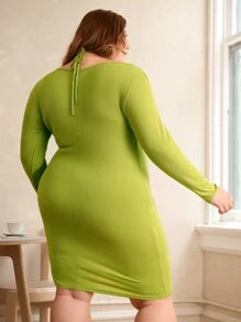 SHEIN CURVE+ Plus Tie Back Bodycon Dress - Lime Green - View 3