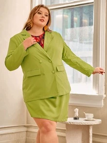 SHEIN CURVE+ Plus Single Breasted Blazer & Wrap Skort - Lime Green - View 3