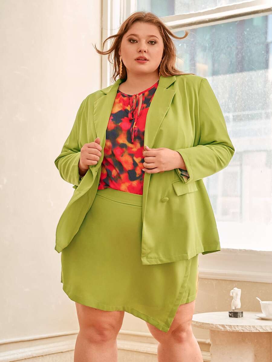 SHEIN CURVE+ Plus Single Breasted Blazer & Wrap Skort - Lime Green - View 1