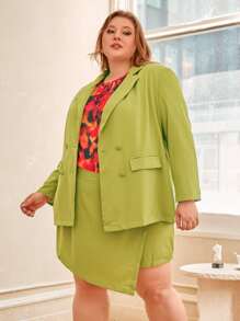 SHEIN CURVE+ Plus Single Breasted Blazer & Wrap Skort - Lime Green - View 4