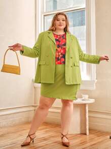 SHEIN CURVE+ Plus Single Breasted Blazer & Wrap Skort - Lime Green - View 5