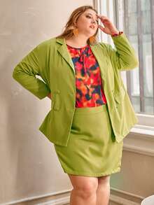 SHEIN CURVE+ Plus Single Breasted Blazer & Wrap Skort - Lime Green - View 7