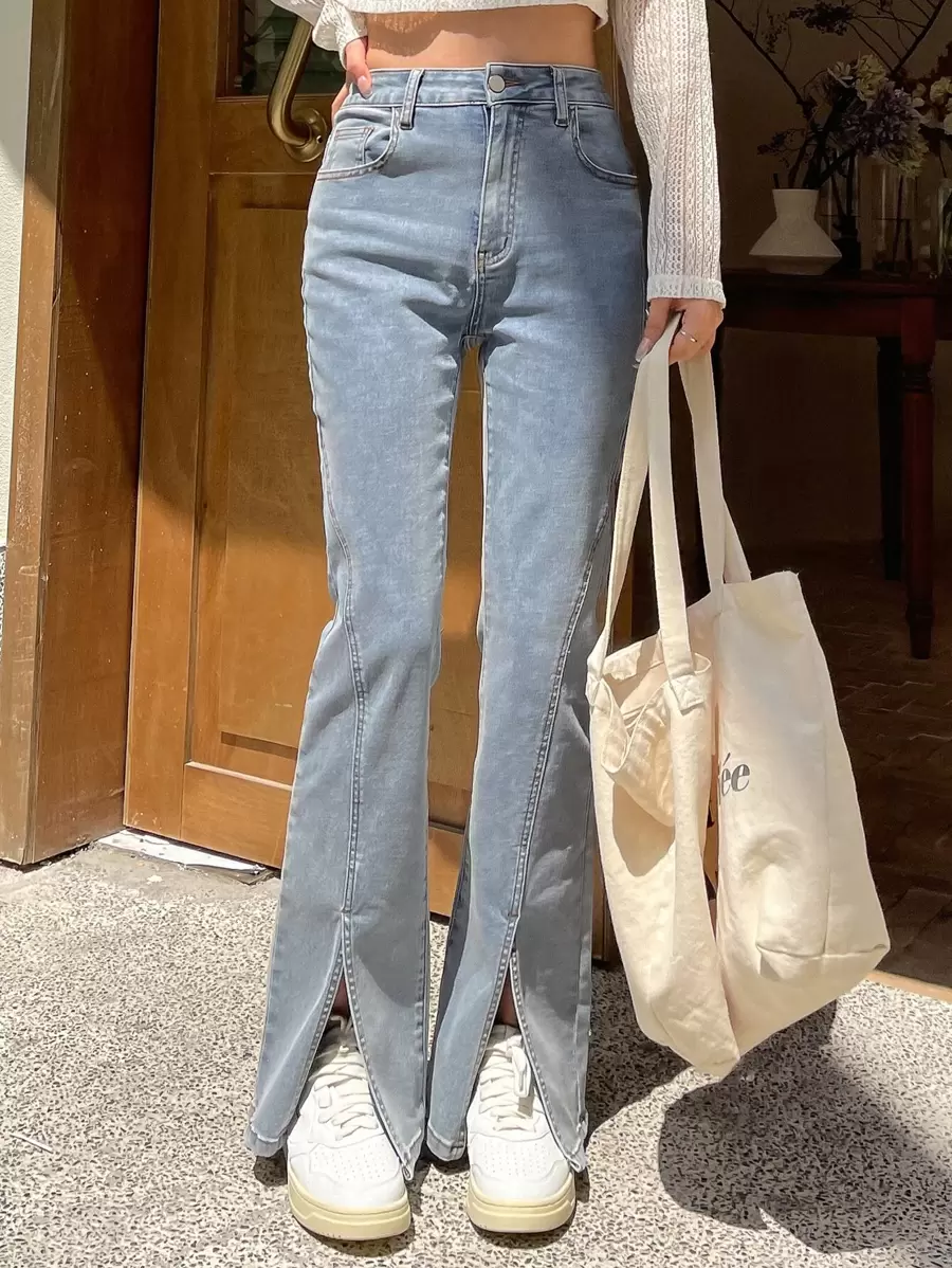 DAZY Split Hem Flare Leg Jeans - Light Wash - View 1