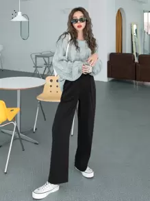 DAZY High Waist Straight Leg Trousers - Black - View 4