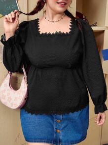 SHEIN Unity Plus Solid Square Neck Lace Trim Blouse - Black - View 1