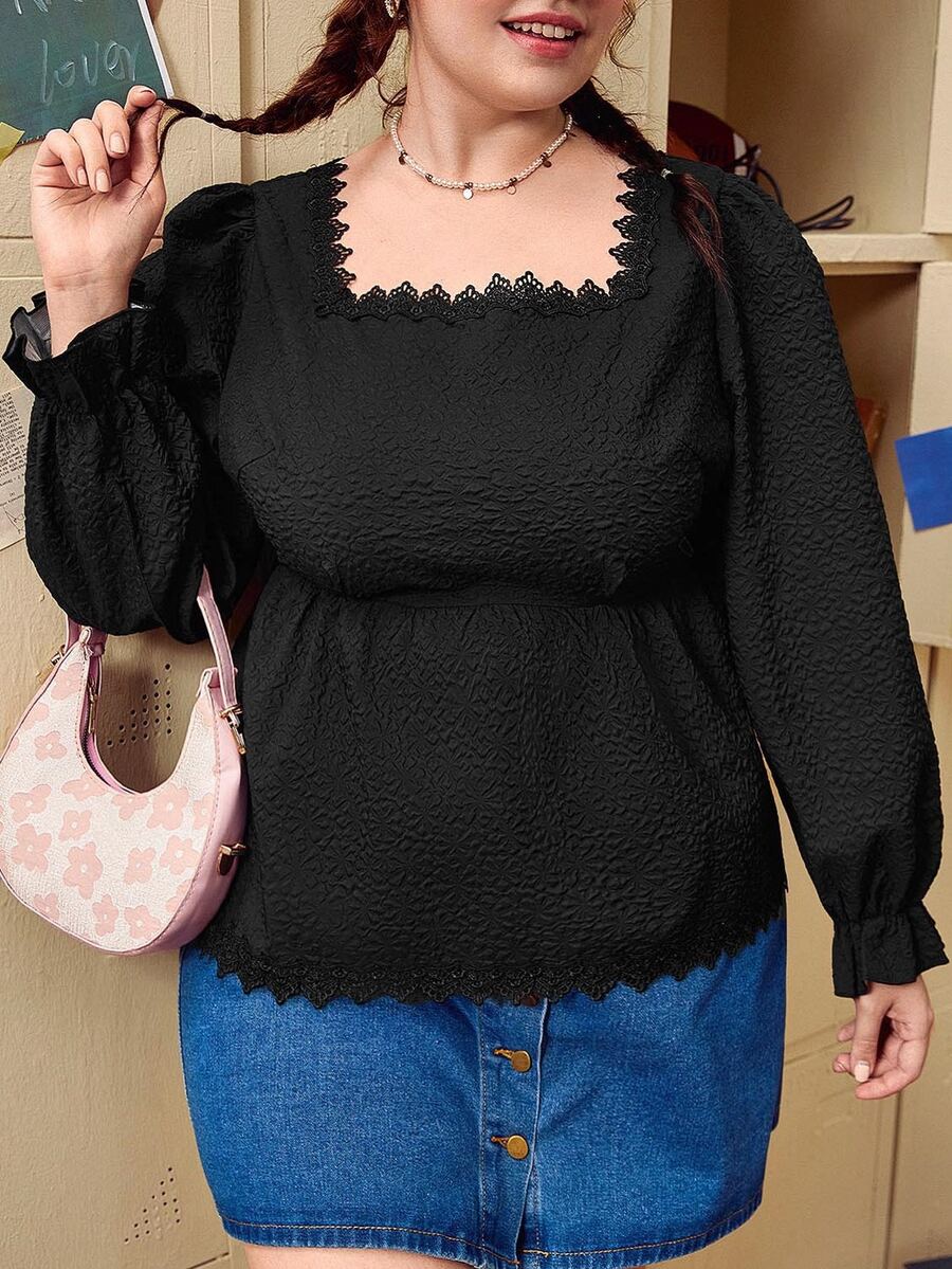 SHEIN Unity Plus Solid Square Neck Lace Trim Blouse - Black - View 1