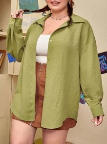 SHEIN Unity Áo sơ mi Plus Size Nút phía trước màu trơn Giải trí - Màu xanh chanh - Xem 1