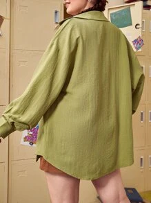 SHEIN Unity Áo sơ mi Plus Size Nút phía trước màu trơn Giải trí - Màu xanh chanh - Xem 2