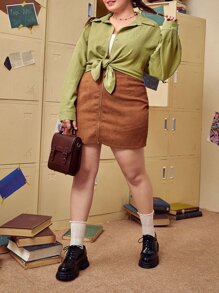 SHEIN Unity Áo sơ mi Plus Size Nút phía trước màu trơn Giải trí - Màu xanh chanh - Xem 4