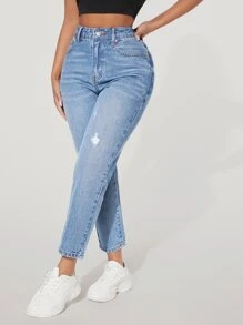 SHEIN PETITE 高腰破洞媽媽牛仔褲 - 淺色水洗藍 - 查看 4