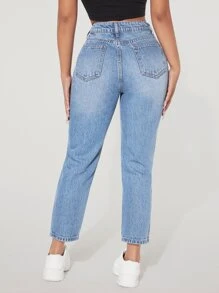 SHEIN PETITE 高腰破洞媽媽牛仔褲 - 淺色水洗藍 - 查看 2