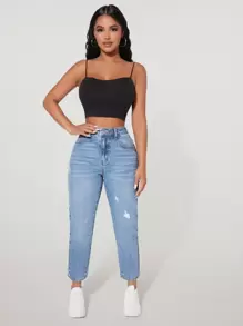 SHEIN PETITE 高腰破洞媽媽牛仔褲 - 淺色水洗藍 - 查看 3