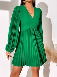 SHEIN Privé 燈籠袖百褶下擺A字洋裝 - 綠色 - 查看 3