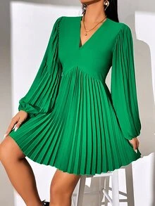 SHEIN Privé 燈籠袖百褶下擺A字洋裝 - 綠色 - 查看 5