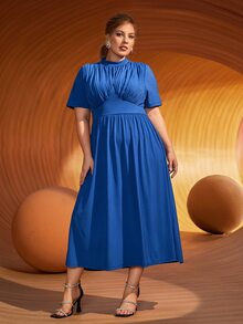 SHEIN Plus Mock Neck Ruched Dress - Blue - View 3