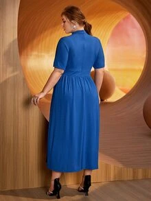 SHEIN Plus Mock Neck Ruched Dress - Blue - View 5