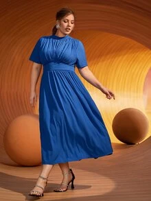 SHEIN Plus Mock Neck Ruched Dress - Blue - View 7