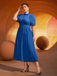 SHEIN Plus Mock Neck Ruched Dress - Blue - View 8