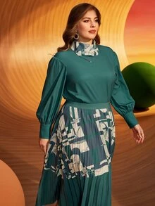 SHEIN Plus Scarf Neck Lantern Sleeve Top - Dark Green - View 3