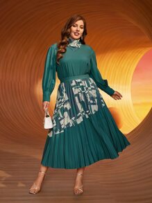 SHEIN Plus Scarf Neck Lantern Sleeve Top - Dark Green - View 4