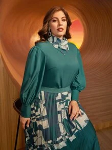 SHEIN Plus Scarf Neck Lantern Sleeve Top - Dark Green - View 1