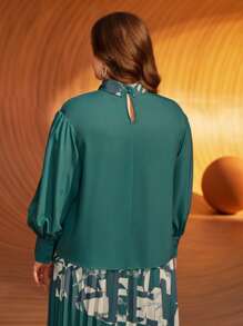SHEIN Plus Scarf Neck Lantern Sleeve Top - Dark Green - View 5