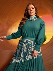 SHEIN Plus Scarf Neck Lantern Sleeve Top - Dark Green - View 6