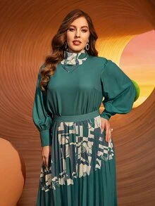 SHEIN Plus Scarf Neck Lantern Sleeve Top - Dark Green - View 8