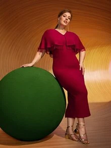 SHEIN Plus Cloak Sleeve Fringe Split Back Dress - Burgundy - View 3