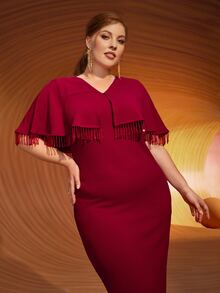 SHEIN Plus Cloak Sleeve Fringe Split Back Dress - Burgundy - View 4