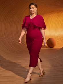 SHEIN Plus Cloak Sleeve Fringe Split Back Dress - Burgundy - View 6