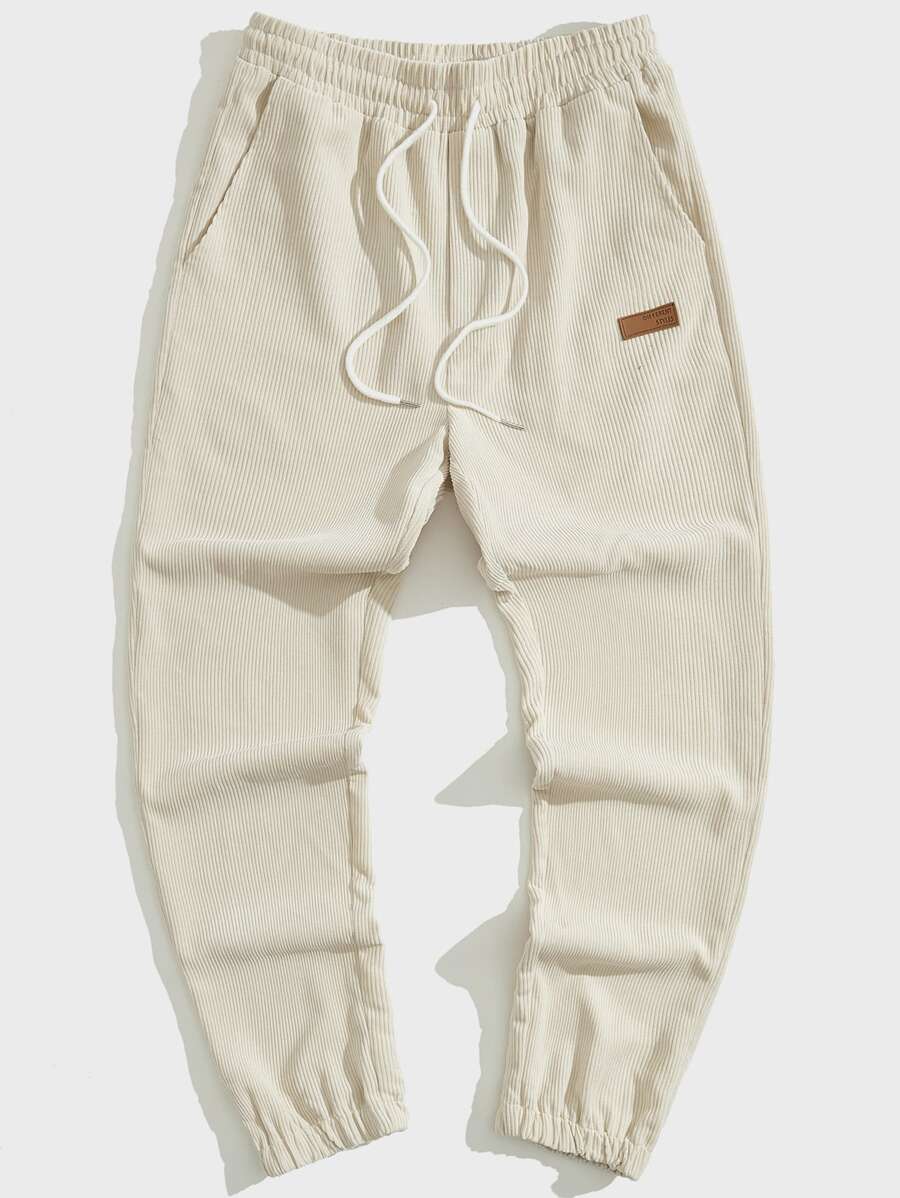 Manfinity Men Letter Patched Drawstring Waist Corduroy Trousers - Beige - View 1